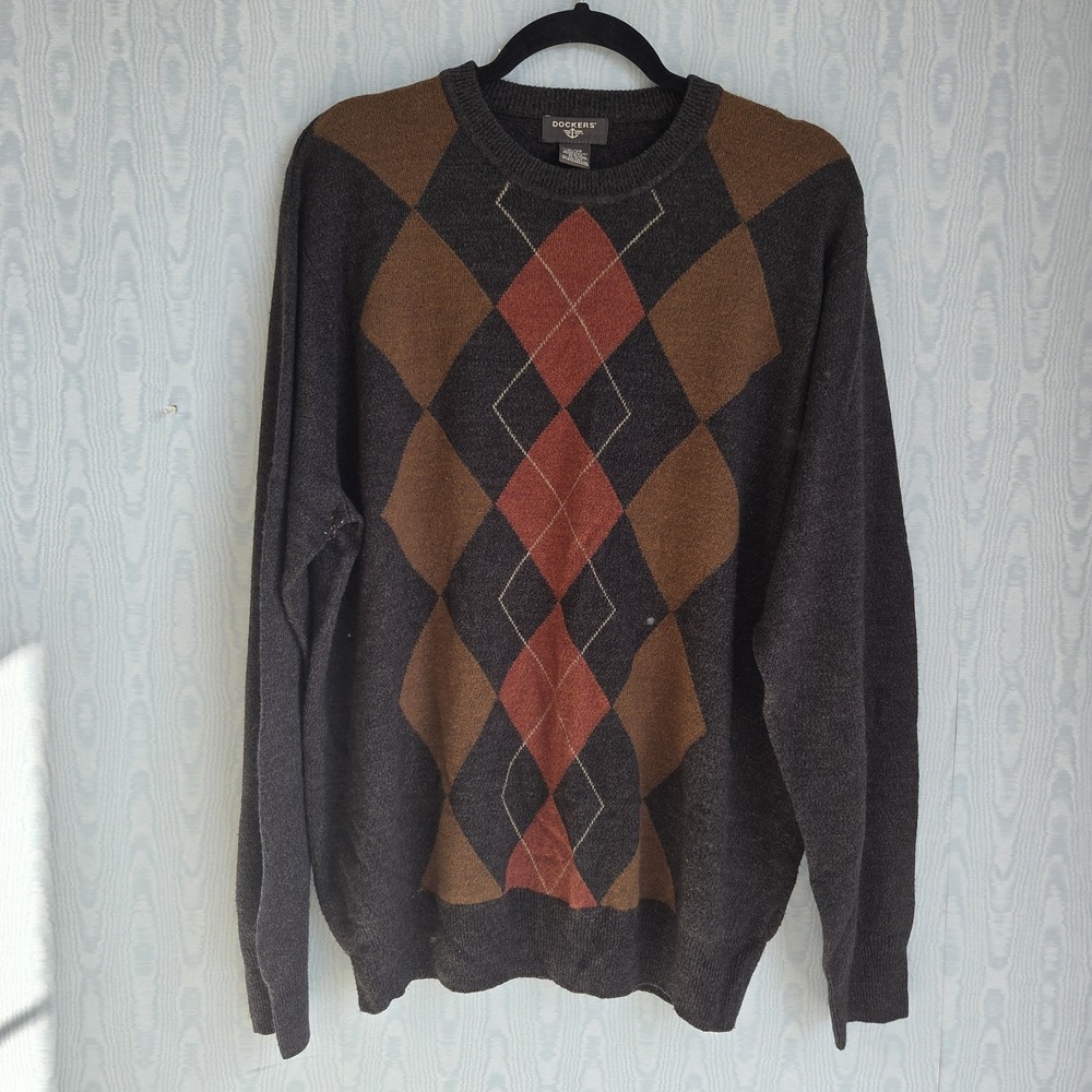 Dockers Mens XL Sweater Maroon Argyle Mustard Rust Gray Acrylic Retro Academia